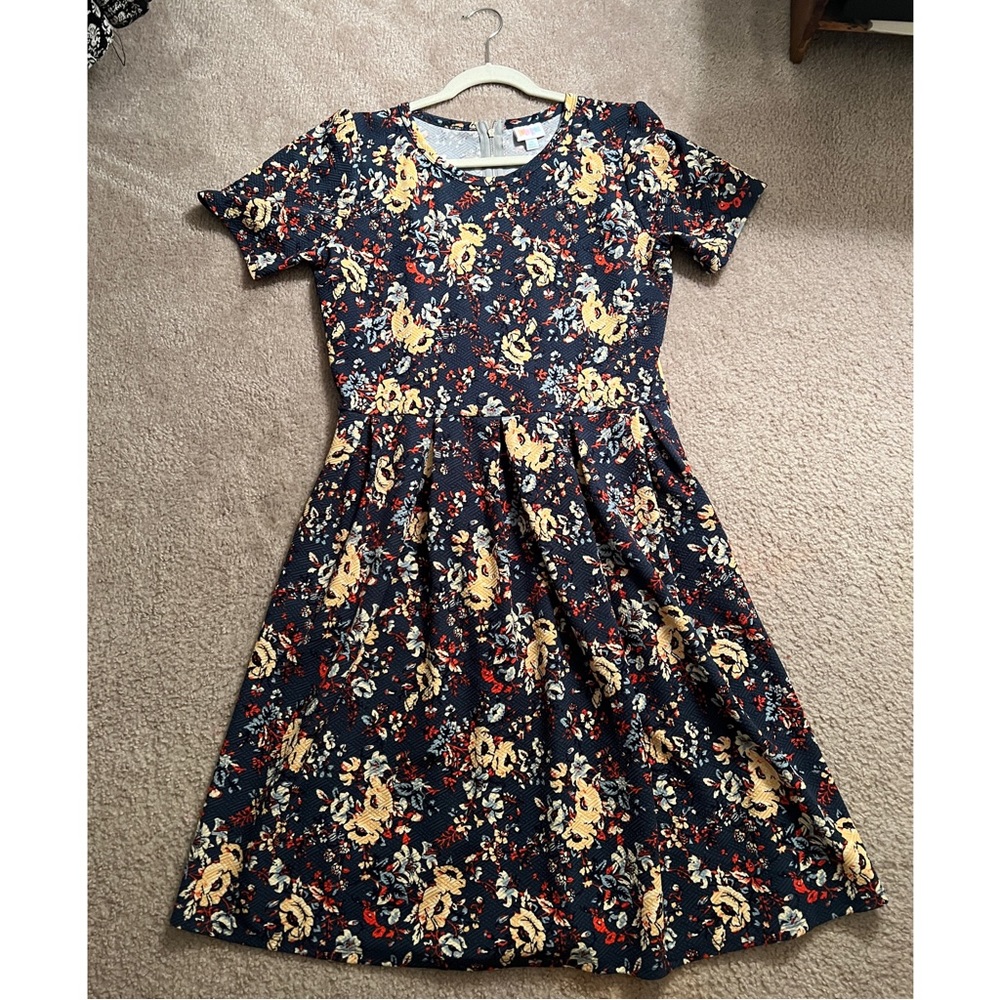 LulaRoe Dress Navy Blue with Yellow and Red Flowers | Plus Size